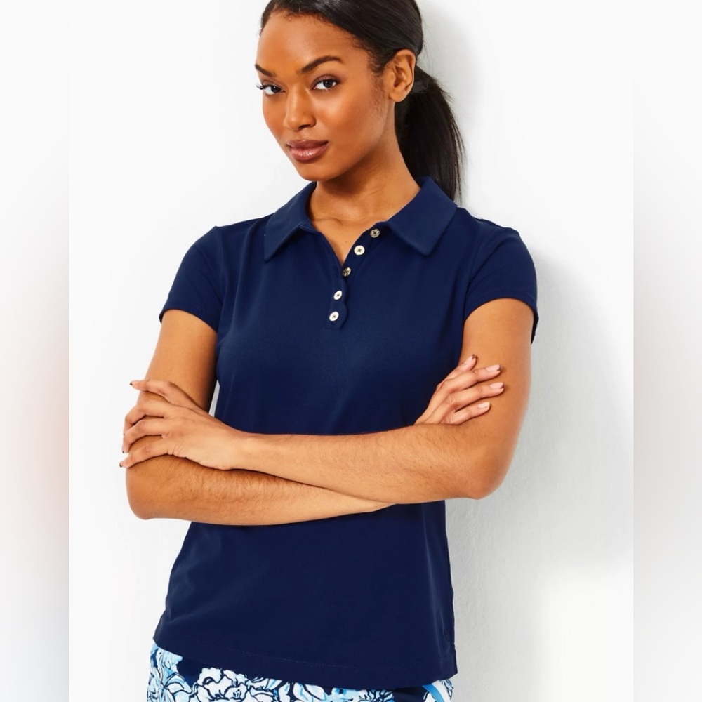 Lilly Pulitzer Frida Scallop Polo Top, Low Tide Navy
